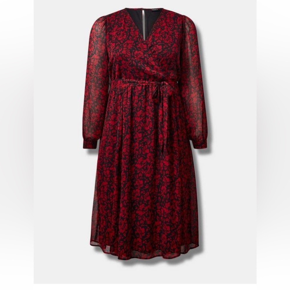 Torrid Midi Crinkle Chiffon Surplice Balloon Sleeve Dress Floral